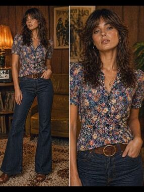Vintage 1970s Cottage Core  Floral Button-Up Shirt — Multi-Color